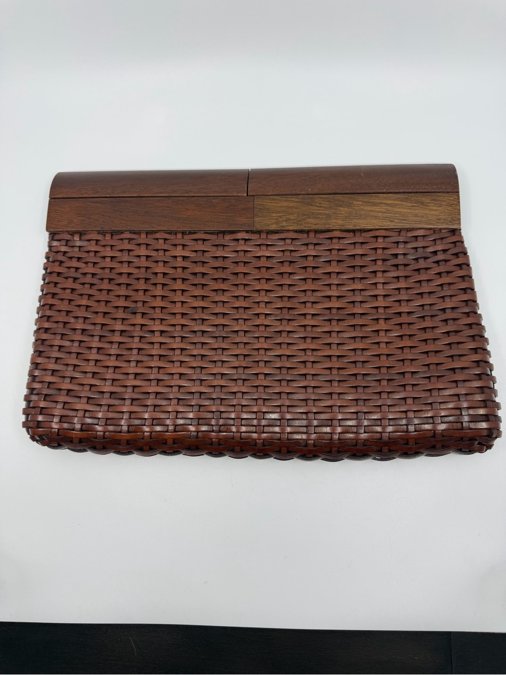 Parris Italy Woven basketweave rattan Brown Wooden-Trim Clutch